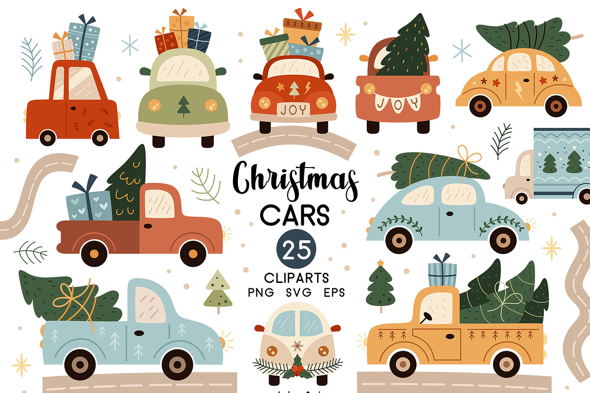 Retro Christmas cars clipart, a Transportation Illustration by JulzaArt (Photo 1 of 6)