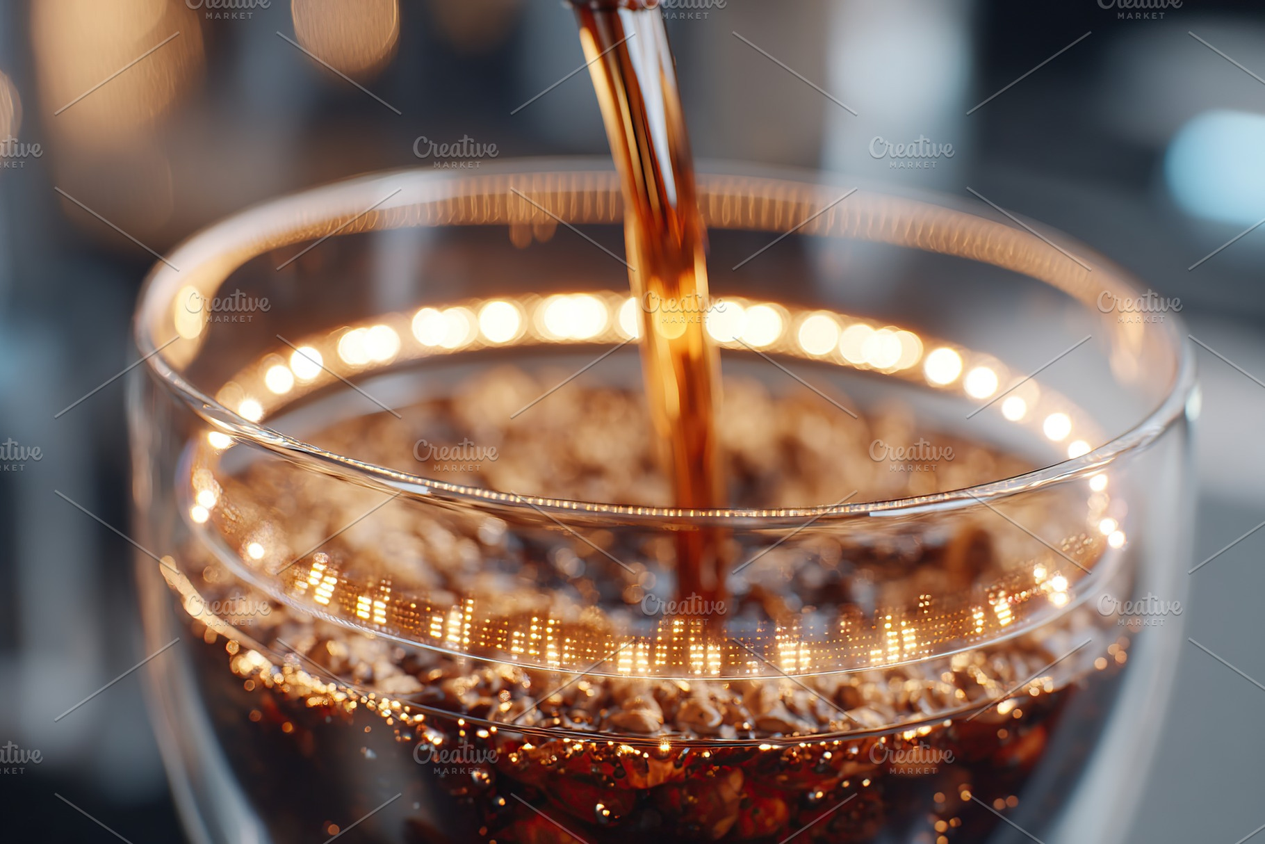 Coffee being poured into a clear glass cup with soft lighting in a cozy setting, a Food & Drink Photo by AlyaAnd