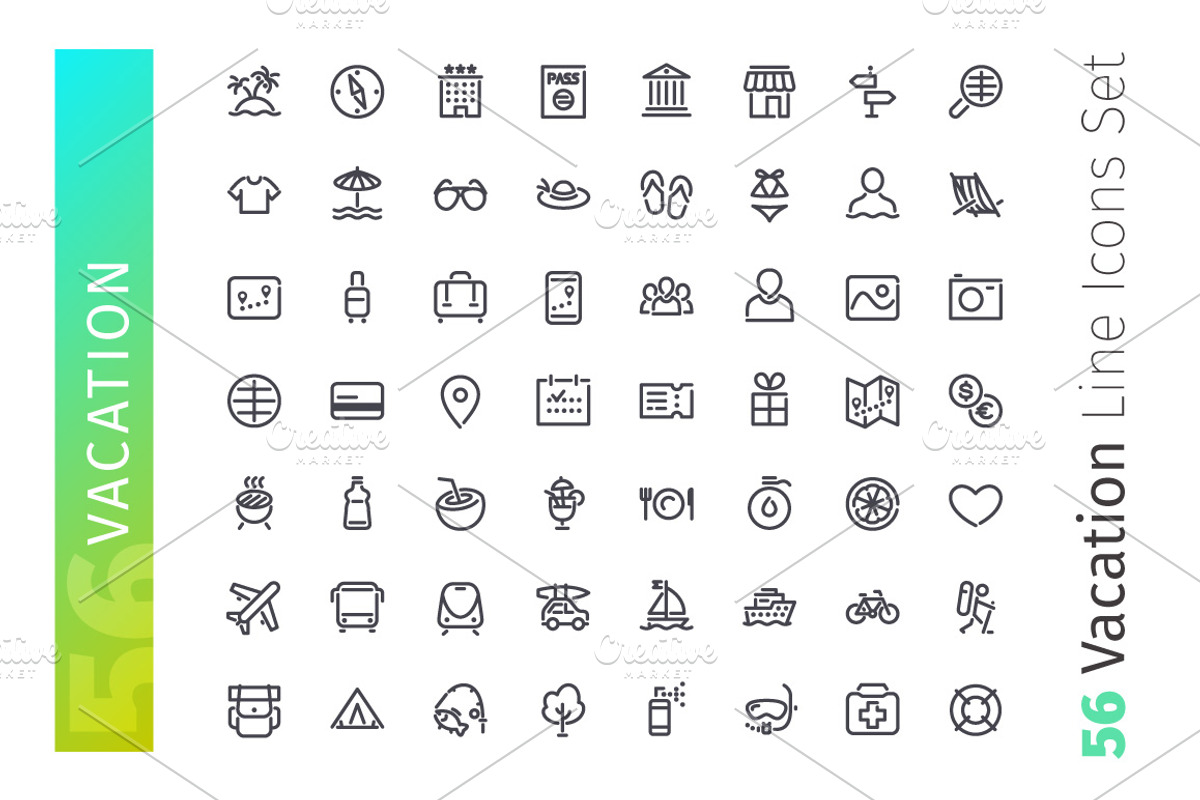 Vacation Line Icons Set, an Outline Icon by Voysla's Shop (Photo 2 of 4)