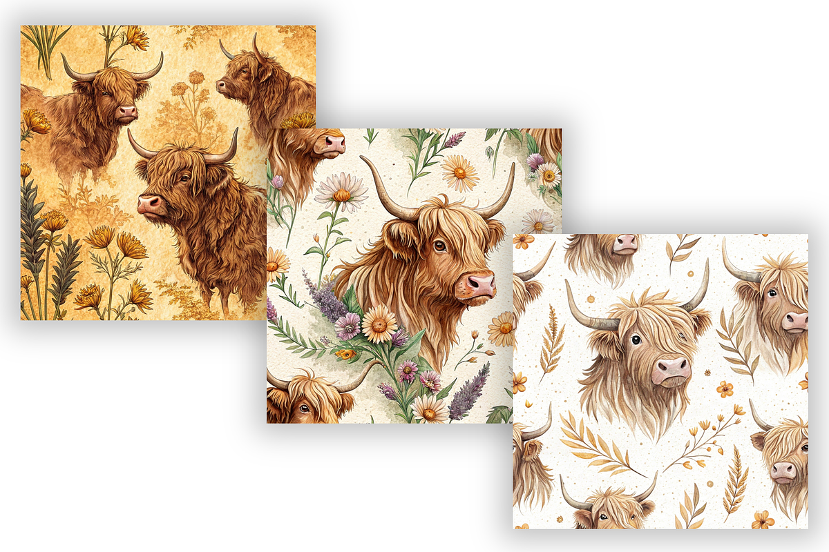 Highland Cow Digital Paper Pack, a Pattern Graphic by FloridPrintables (Photo 4 of 9)