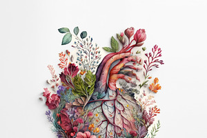 Painting with of a vibrant and colorful heart shaped arrangement
