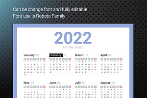 2022 Simple Calendar Monday Starts.