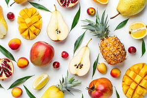 Pattern of different fresh sliced fruits on white background, a Food & Drink Photo by AlyaAnd