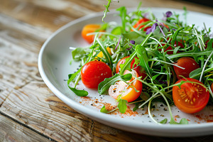 Fresh salad with microgreen, arugula and tomatoes in plate on wooden table, a Food & Drink Photo by AlyaAnd