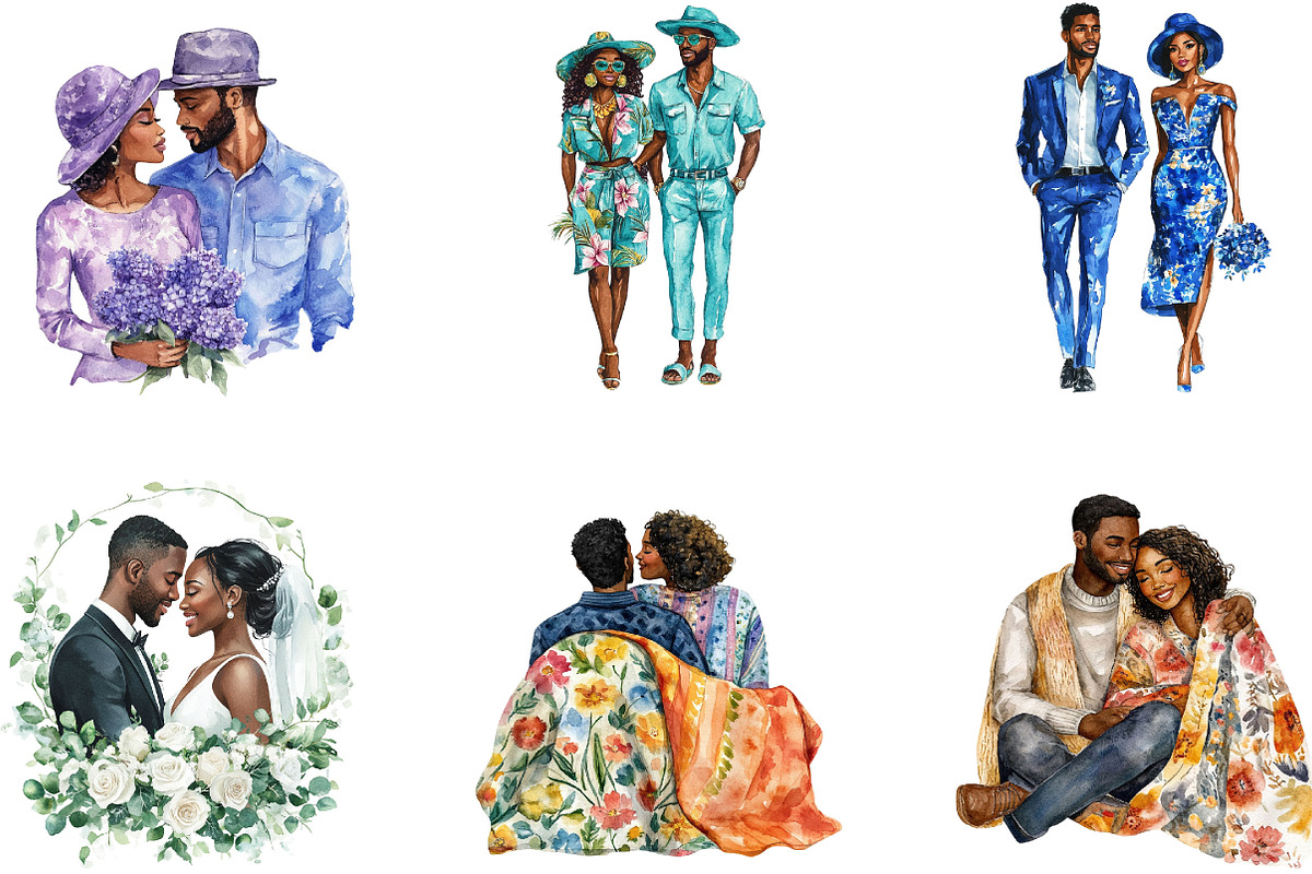 Black Couple Watercolor Set, a Seasonal Illustration by Designking (Photo 3 of 5)
