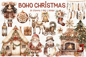 Boho Christmas Watercolor Clipart