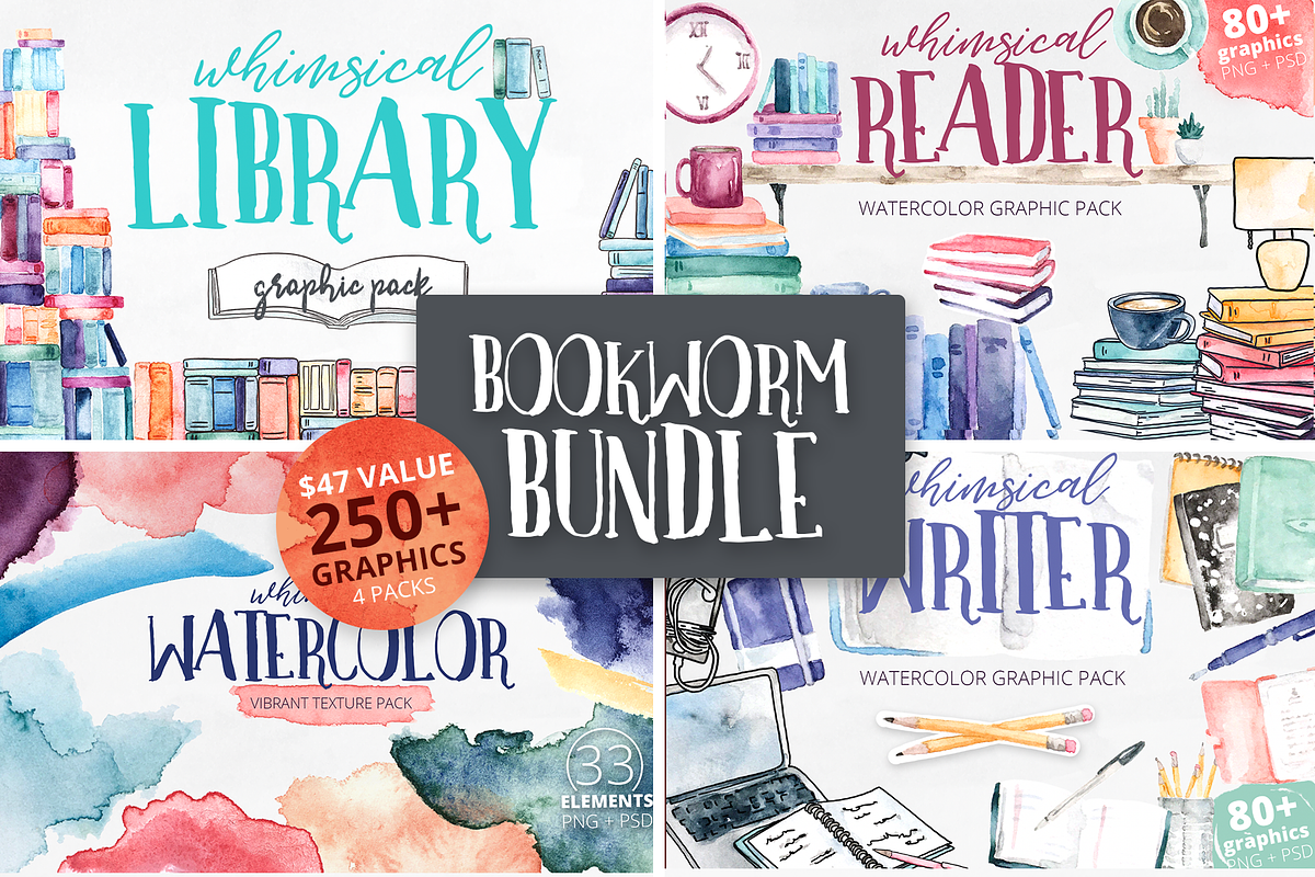 Whimsical Bookworm Watercolor Bundle, a Technology Illustration by plaidGecko (Photo 1 of 13)