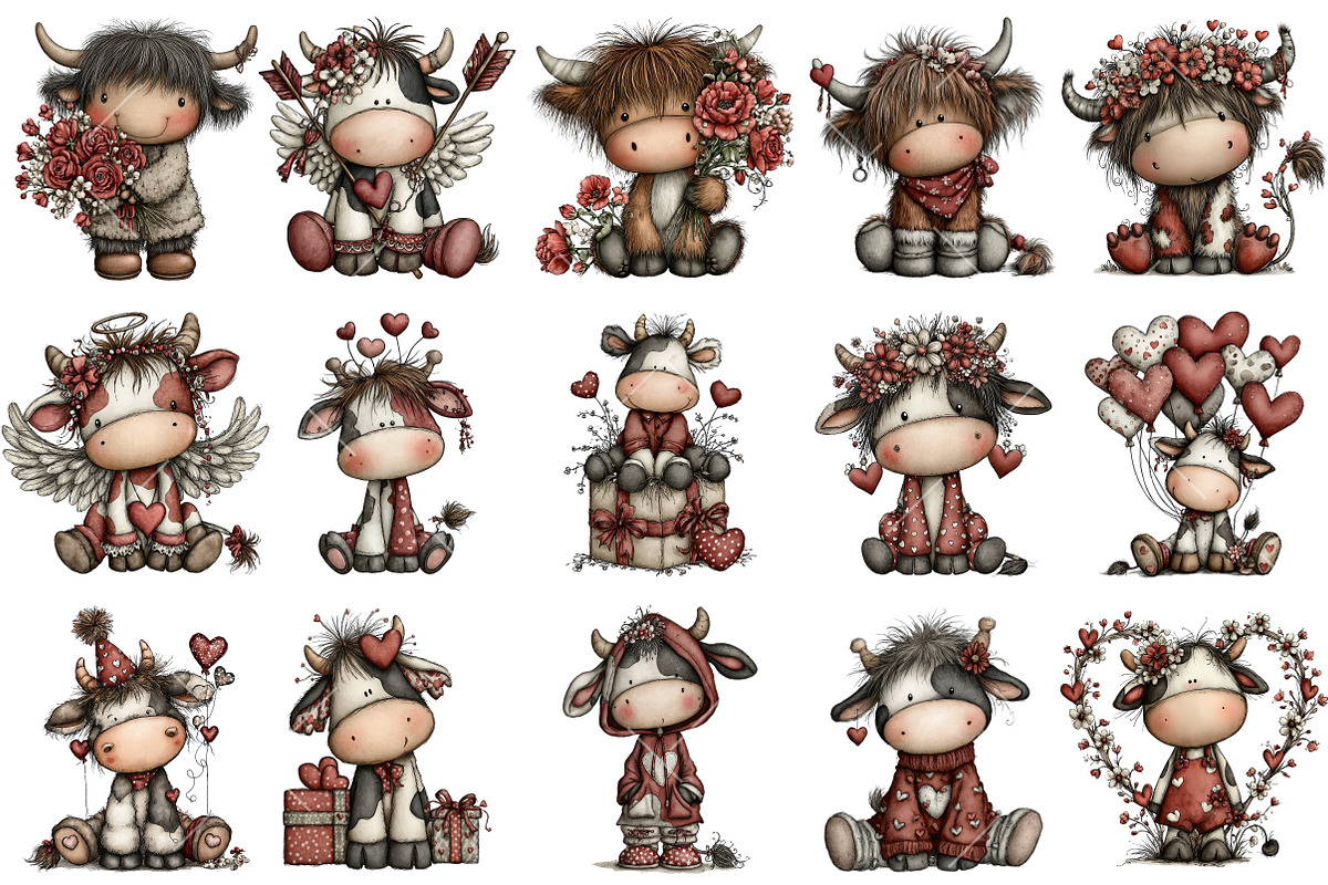Whimsical Valentine's Cow Clipart, an Illustration by OK Design (Photo 3 of 6)