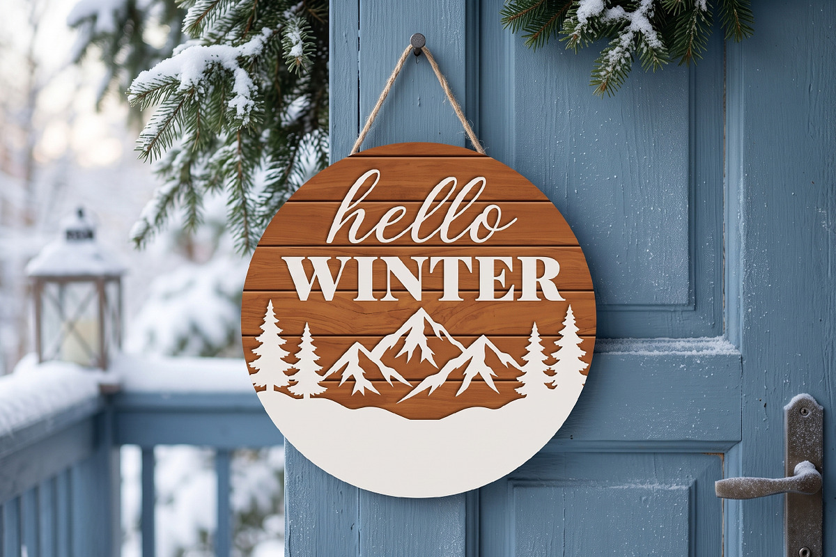 Hello Winter SVG Round Sign, Rustic, an Object Graphic by Libby Wishes (Photo 1 of 4)