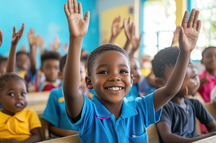 School children raising their hands, a Photo by Pavel_design