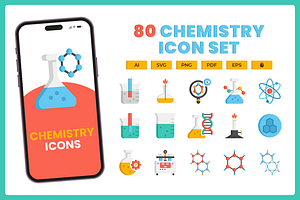 80 Chemistry Icon Set, a Solid Icon by Flat Icons