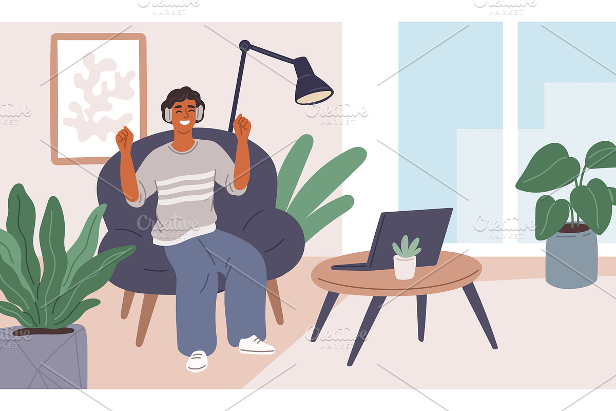 People listen music at home. Happy, a Person Illustration by YummyBuum