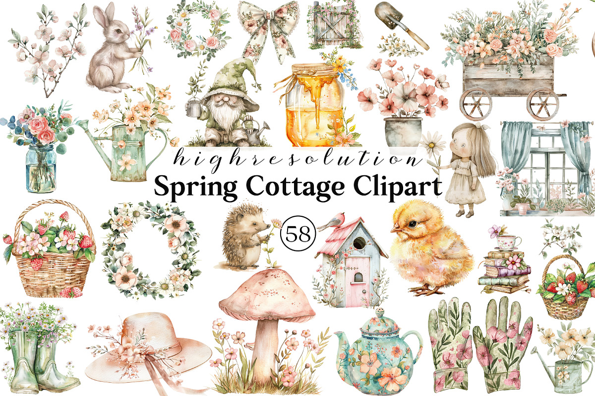 Pastel Spring Cottage Clipart Bundle, an Illustration by DreamCafeArt (Photo 1 of 8)
