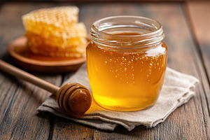 Small glass jar filled with golden honey on a rustic wooden table with honeycom, a Photo by AlyaAnd