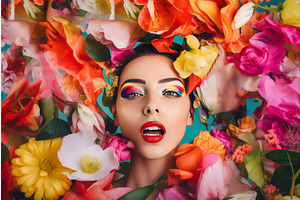 Woman Face Covered Flowers. Generate