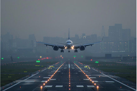 Passenger airplane landing on runway, a Transportation Photo by Ylivdesign