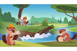Beavers working. Cartoon wild, an Animal Illustration by Onyx