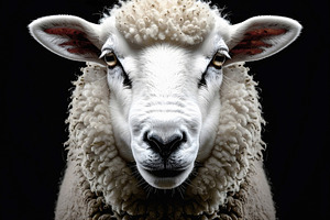 White sheep portrait with curly wool against dark background, an Animal Photo by GoodGoods