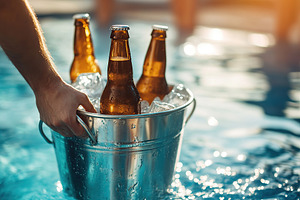 Man carrying ice bucket with beer bottles in swimming pool, a Photo by AlyaAnd