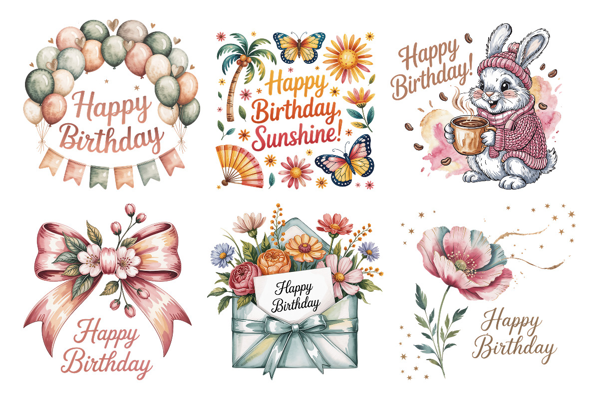 Happy Birthday Designs Bundle 25 PNG, a Decorative Illustration by Whimsy Brush Studio (Photo 3 of 9)