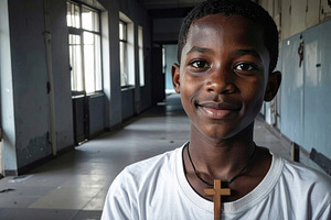 Smiling African Boy Wearing Wooden Cross Necklace, a School & Education Photo by Davizro's Market