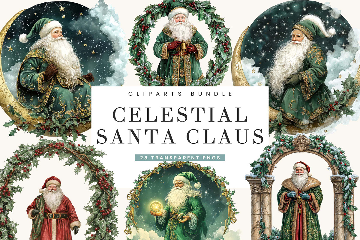 Celestial Santa Claus Clipart Bundle, a Seasonal Illustration by BusyDaydesign (Photo 1 of 9)