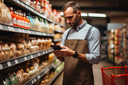 Ssalesman in apron look at phone while posing near products in s, a Person Photo by AS photostudio (Thumbnail 2 of 2)