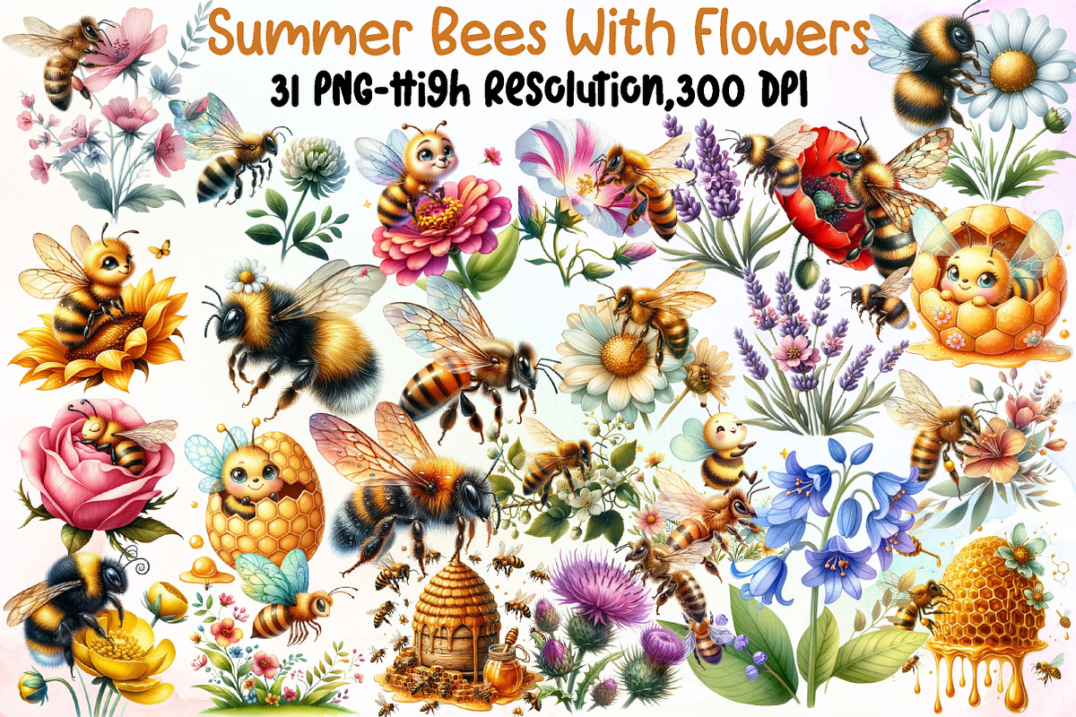 Summer Bees With Flowers Clipart, an Illustration by Sublimation Artist (Photo 1 of 6)