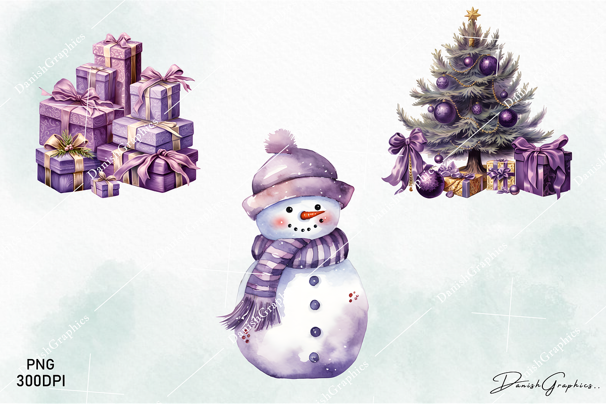 Purple Christmas Watercolor Clipart, a Decorative Illustration by danishgraphics (Photo 4 of 9)