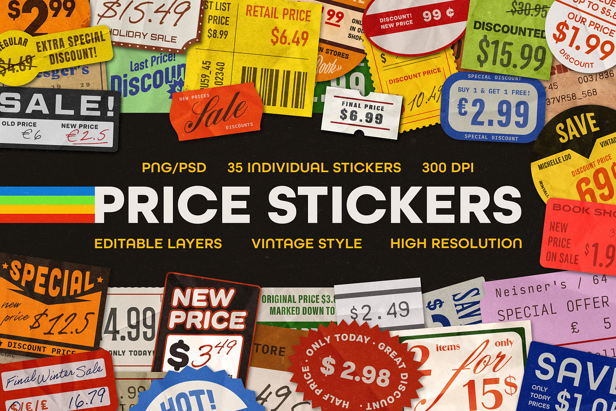 Vintage Price Stickers & Retail Tags, an Object Graphic by pixelbuddha.net (Photo 1 of 6)