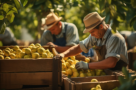 Quince in a sunny orchard, carefully placing them into wooden crates. The scene, a Food & Drink Photo by Textures & Backgrounds
