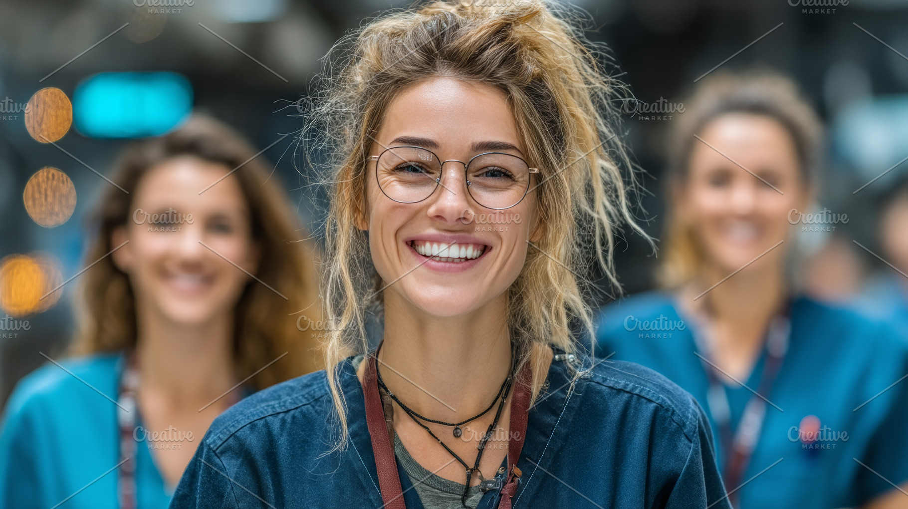 Smiling healthcare professionals standing together promoting tea, a Health & Medical Photo by AS photostudio