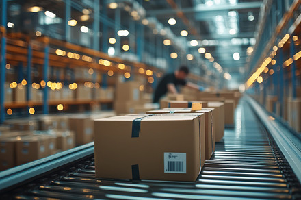 Boxes moving on a conveyor belt in a, a Background Photo by Pixeness
