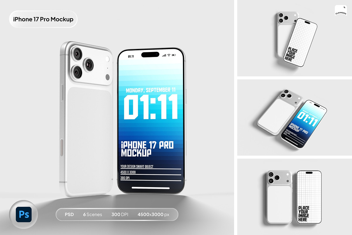 iPhone 17 Pro Mockup 6 Scenes, an iPhone Mockup by Claymoon Lab (Photo 1 of 13)