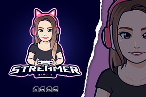 Streamer Gamer Girl Logo Editable, a Branding & Logo Template by tkzgraphic