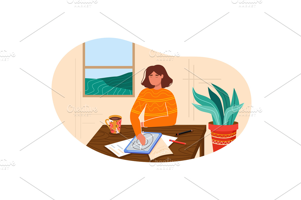 Woman designer character work on, a Technology Illustration by vectorpointstudio