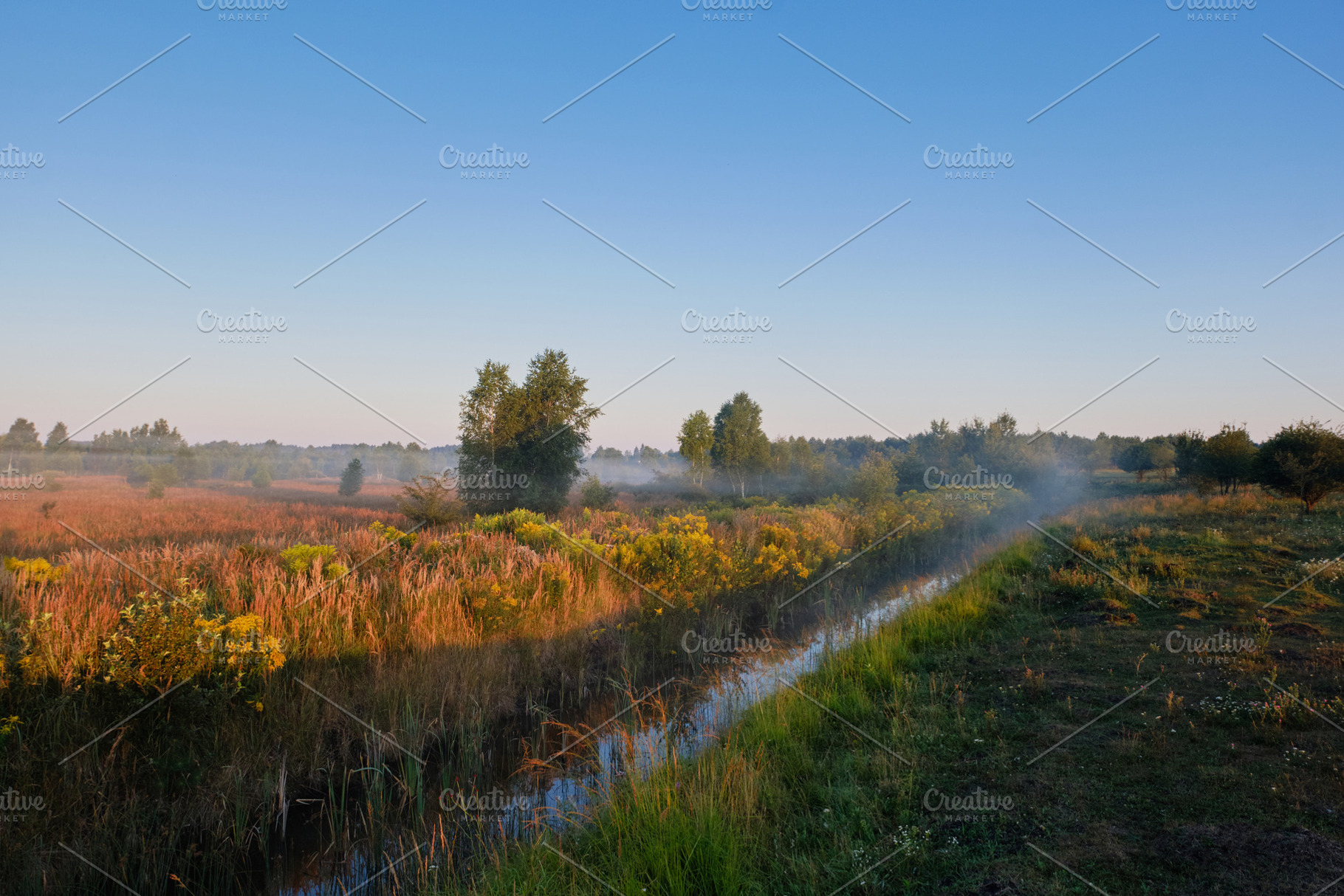 Foggy morning landscape over stream and wild meadow at sunrise. Scenic countrys, a Nature Photo by Rohan Photography