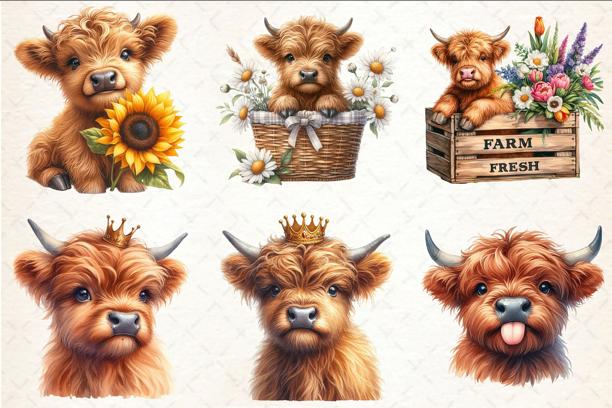 Adorable Cute Highland Cow Clipart, a Seasonal Illustration by Rose Art (Photo 4 of 4)