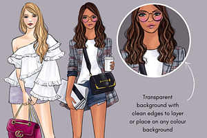 Girls In Shorts Fashion Clipart Set