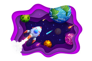 Space paper cut rocket, planets, an Education Illustration by Vector Tradition