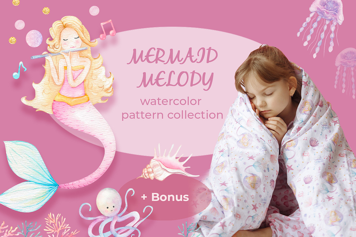 Mermaid watercolor pattern set, an Animal Illustration by WatercolorElena (Photo 1 of 11)