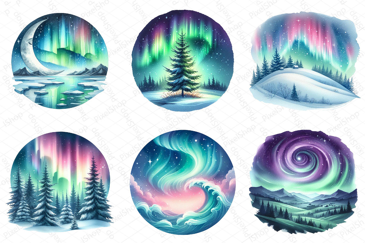 Watercolor Northern Lights Clipart, an Illustration by DreamPrint404 (Photo 3 of 6)