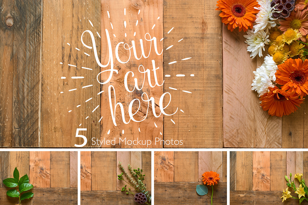 Rustic Flower Photo Set On Wood, a Books & Magazine Mockup by Kudzu Camera (Photo 1 of 6)