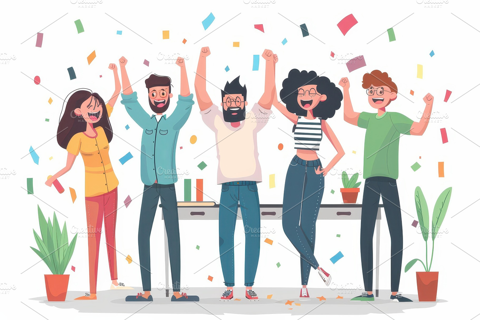 Happy team celebrating success confe, a Photo by Pixeness Studio