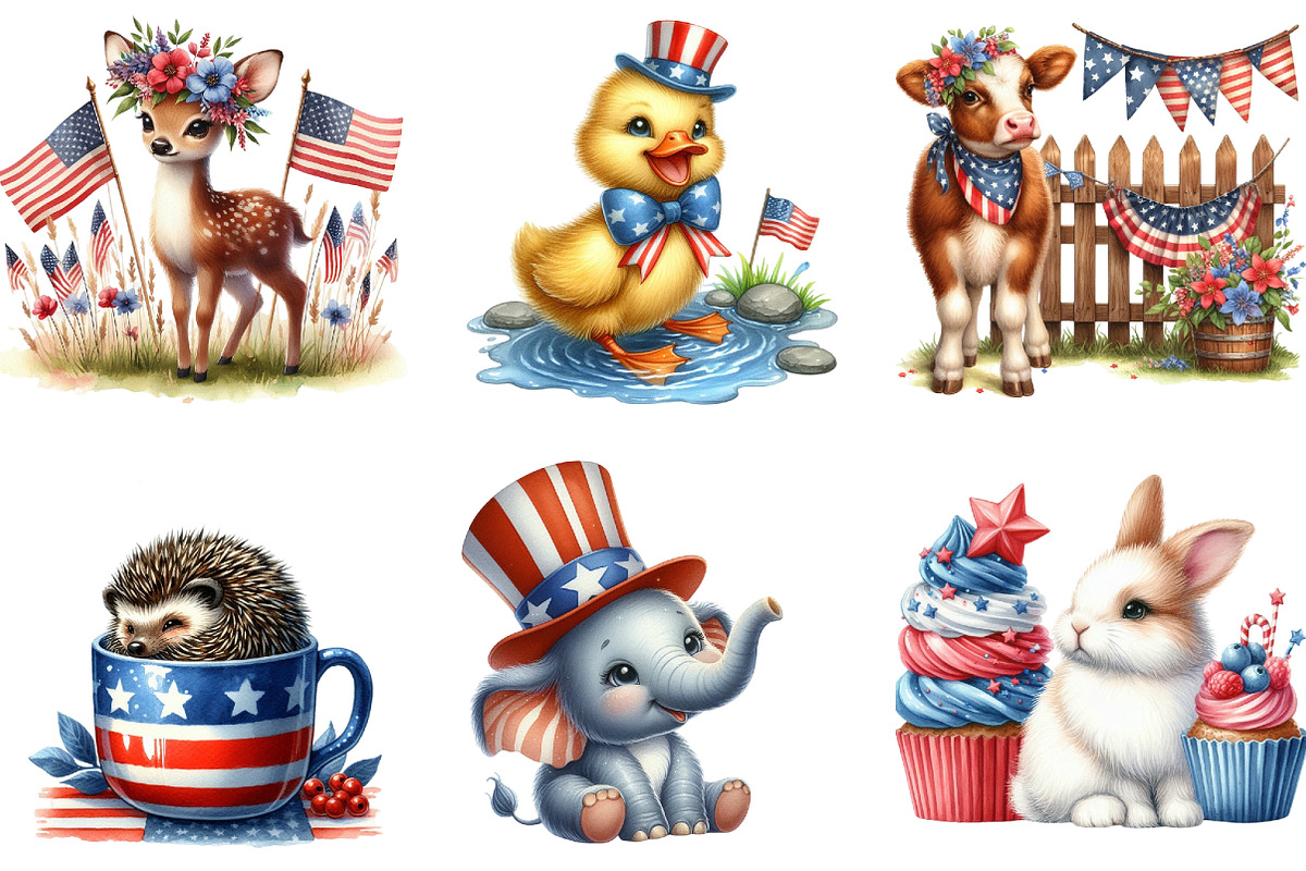 Fourth of July Cute Animal Watercolo, an Illustration by DreamArtGraphic (Photo 3 of 4)