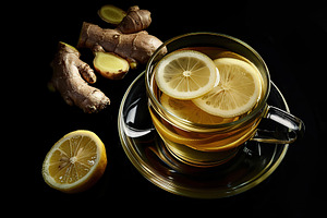 Glass cup of ginger tea with sliced ginger root on black backgro, a Food & Drink Photo by AlyaAnd