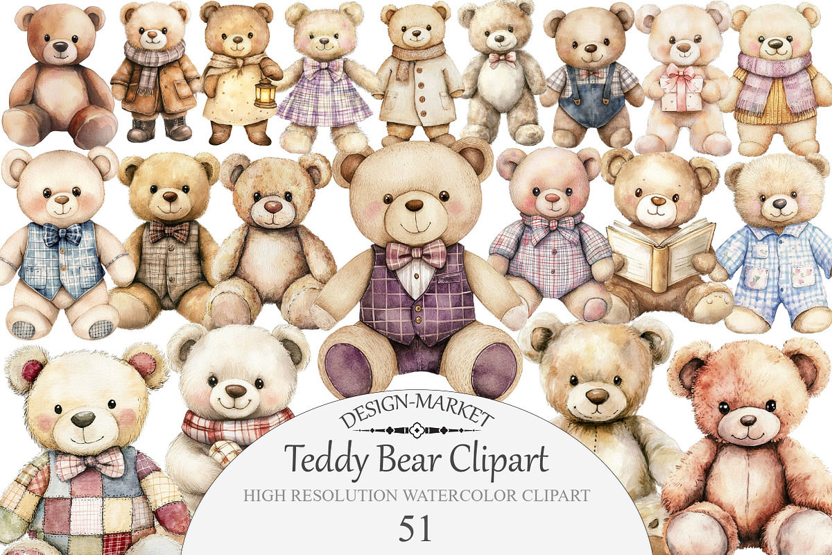 Watercolor Teddy Bear Clipart, an Illustration by Design Market (Photo 1 of 5)