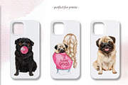 Pugs dogs watercolor clipart., an Animal Illustration by SavinV (Thumbnail 5 of 7)