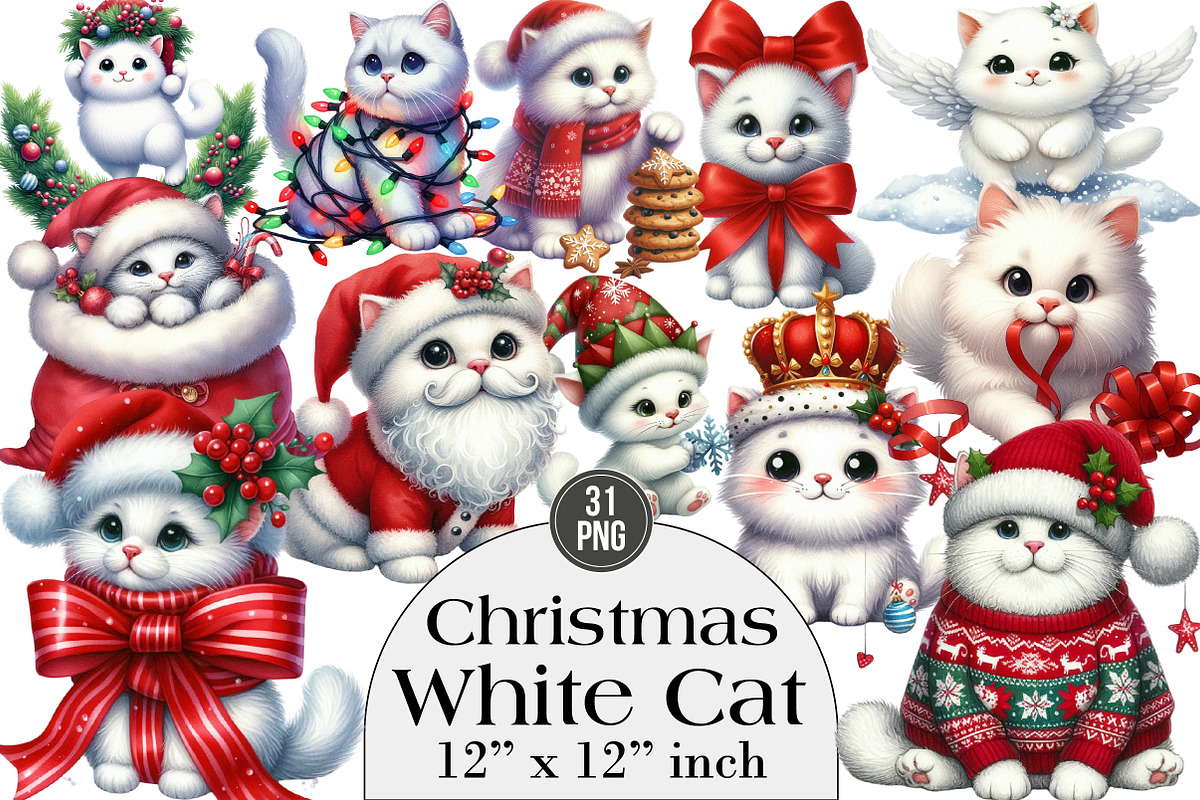 Christmas White Cat Clipart, Funny, an Illustration by DreamArtGraphic (Photo 1 of 4)