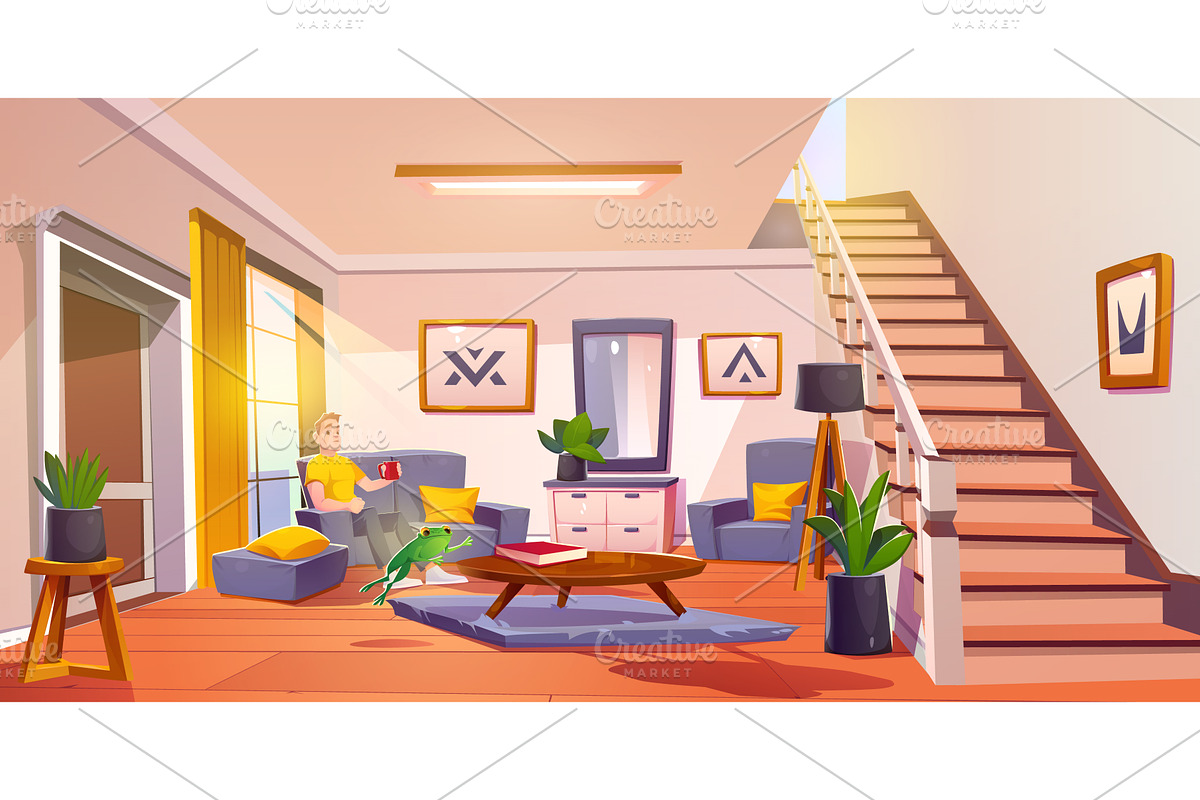 Man sits in living room while green, an Object Illustration by art PVP - market